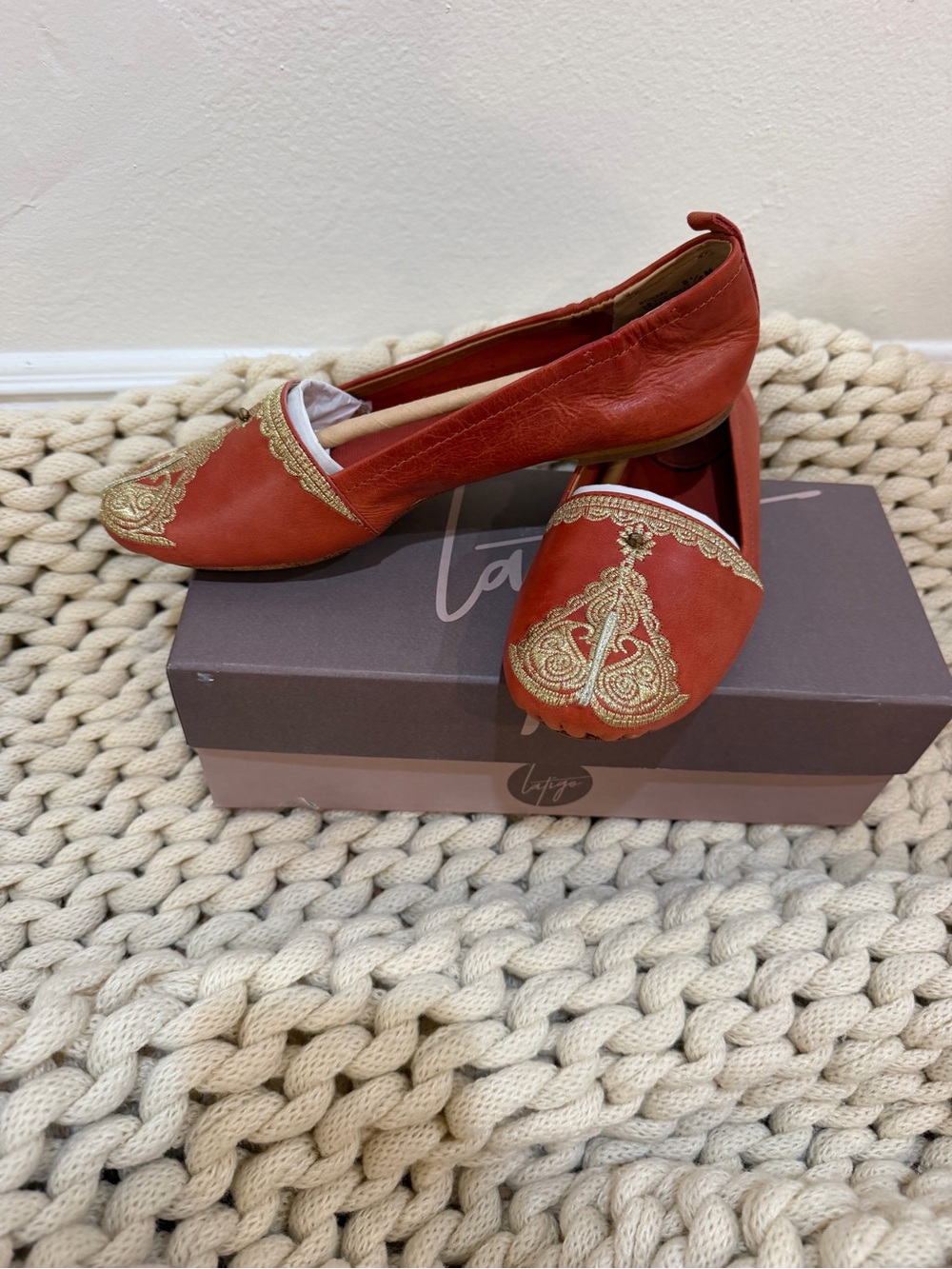Latigo rust/ burnt orange Leather Flats with Gold Embroidery